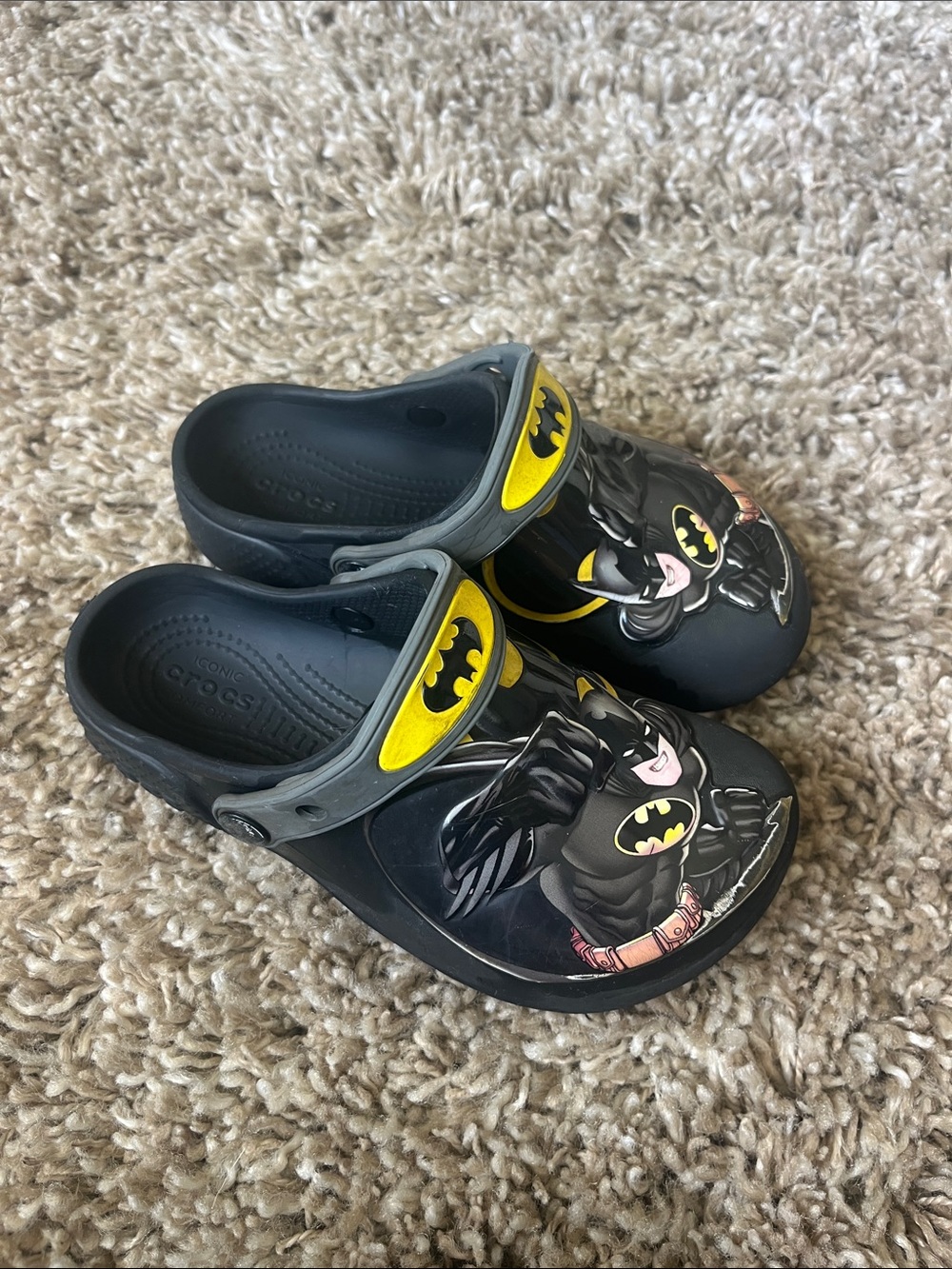 CROCS Kids Black Batman Clogs with Yellow Logo Accents